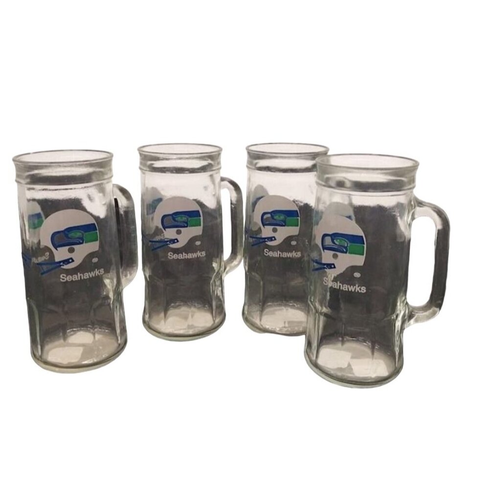 Set Of 4 Seattle Seahawks NFL Fisher Peanut Jar 1980’s  Glass Beer Mugs With Han